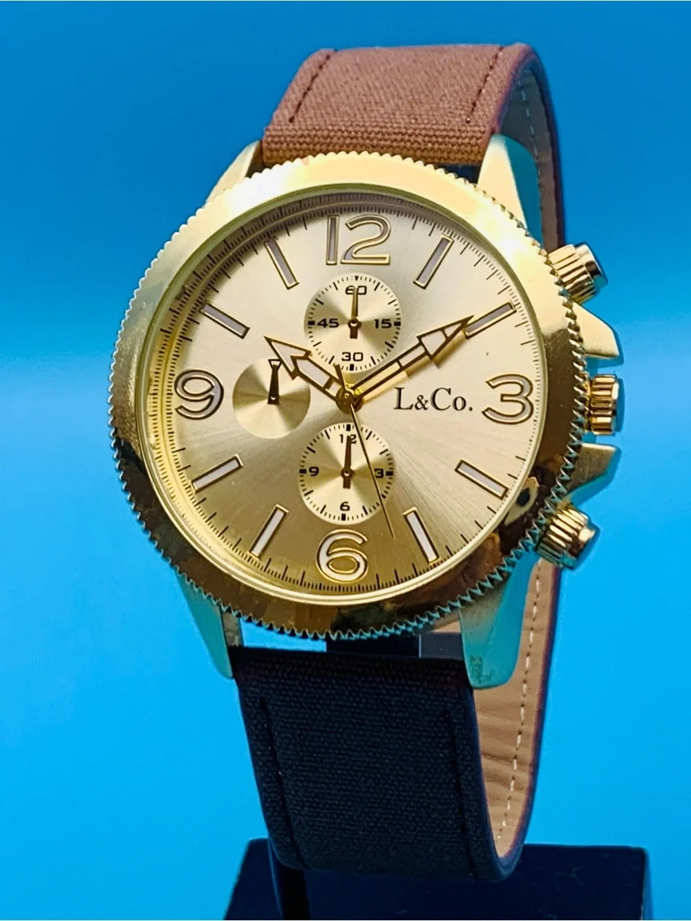 L&CO. Fashion Sport Quartz Wristwatch Faux Subdials Gold Tone Finish Working